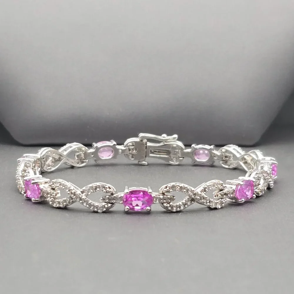 Sterling Silver Pink Sapphire & Quartz Infinity Tennis Bracelet 7.5" Signed SUN - Picture 1 of 14
